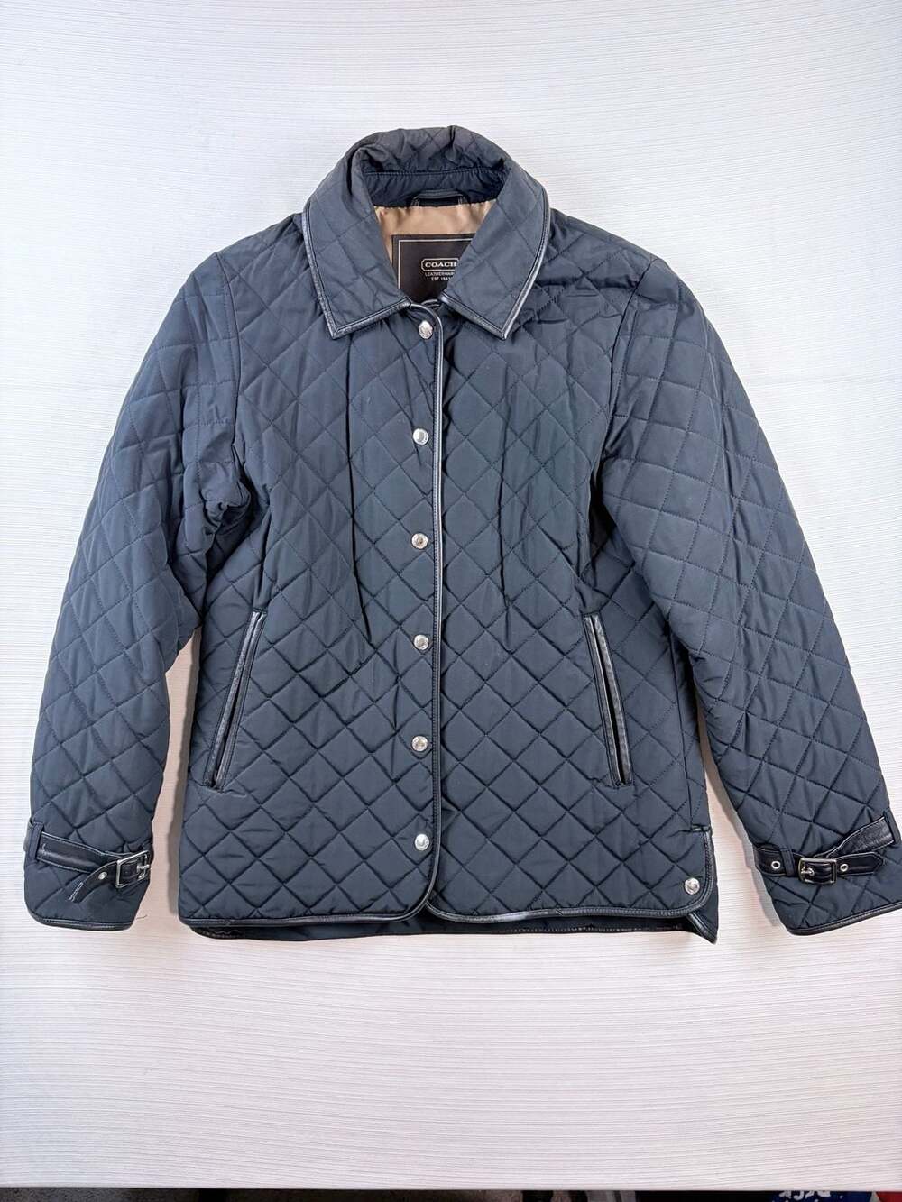 Coach Black Diamond Quilted Jacket with Leather Trim and Buckle Cuffs